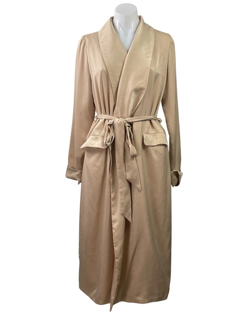 Neon Rose Gold Silk Satin Shawl Collar Tie Belt Long Sleeve Trench Coat Jacket M